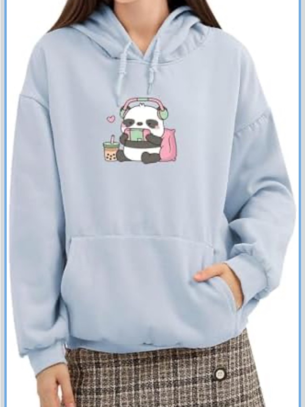 Cute Panda Graphic Light Blue Hoodie Sweatshirt